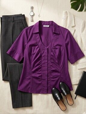 Ricki's 16 Blouse Button Purple Ruched V-Neck Short Sleeve Officecore Royalcore